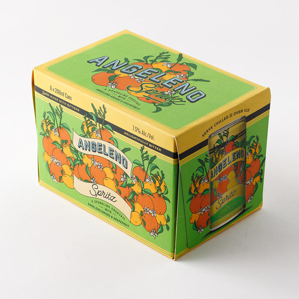 Macro detail of the Angeleno Spritz can's orange and citrus artwork