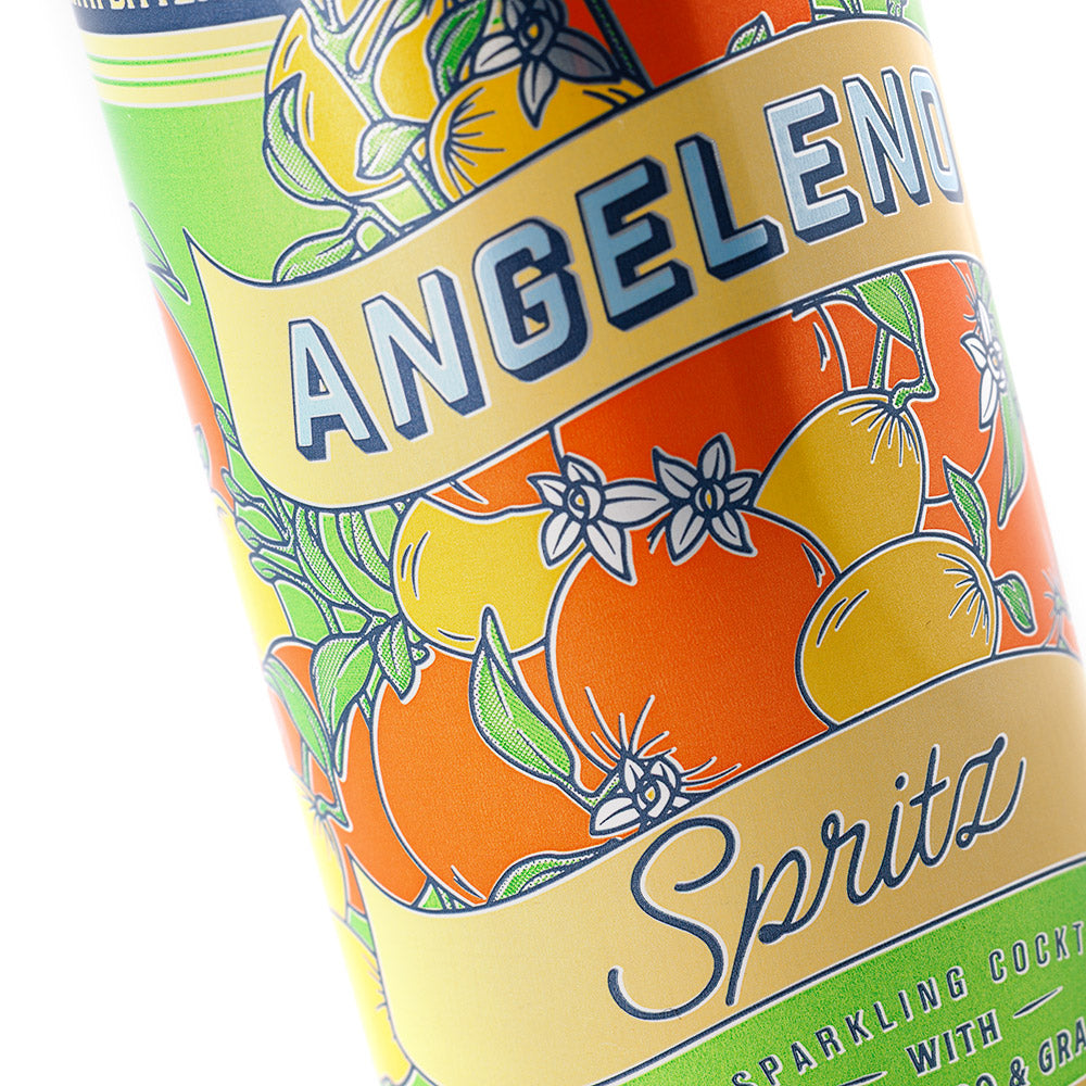 Angled close-up of the Angeleno Spritz can's citrus label