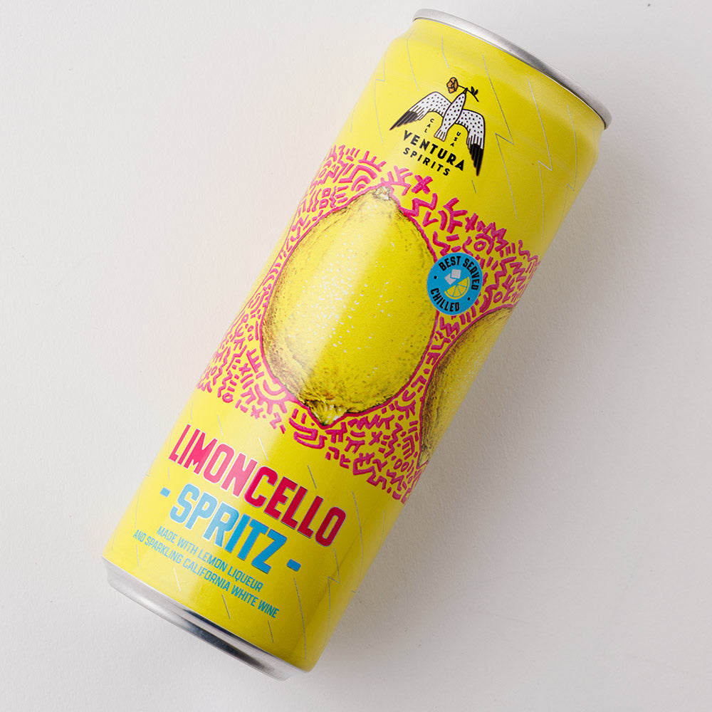 Angled view of the Ventura Spirits Limoncello Spritz can