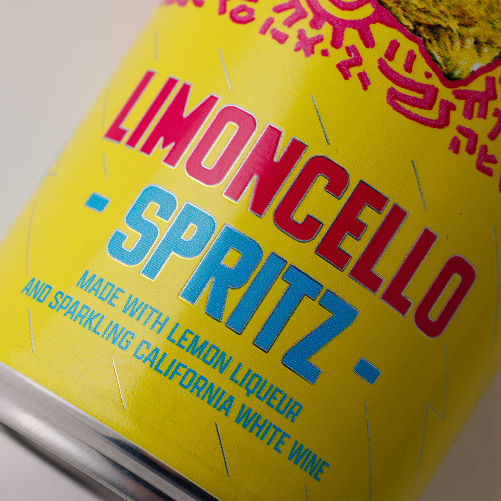 Close-up of the Limoncello Spritz can's lettering