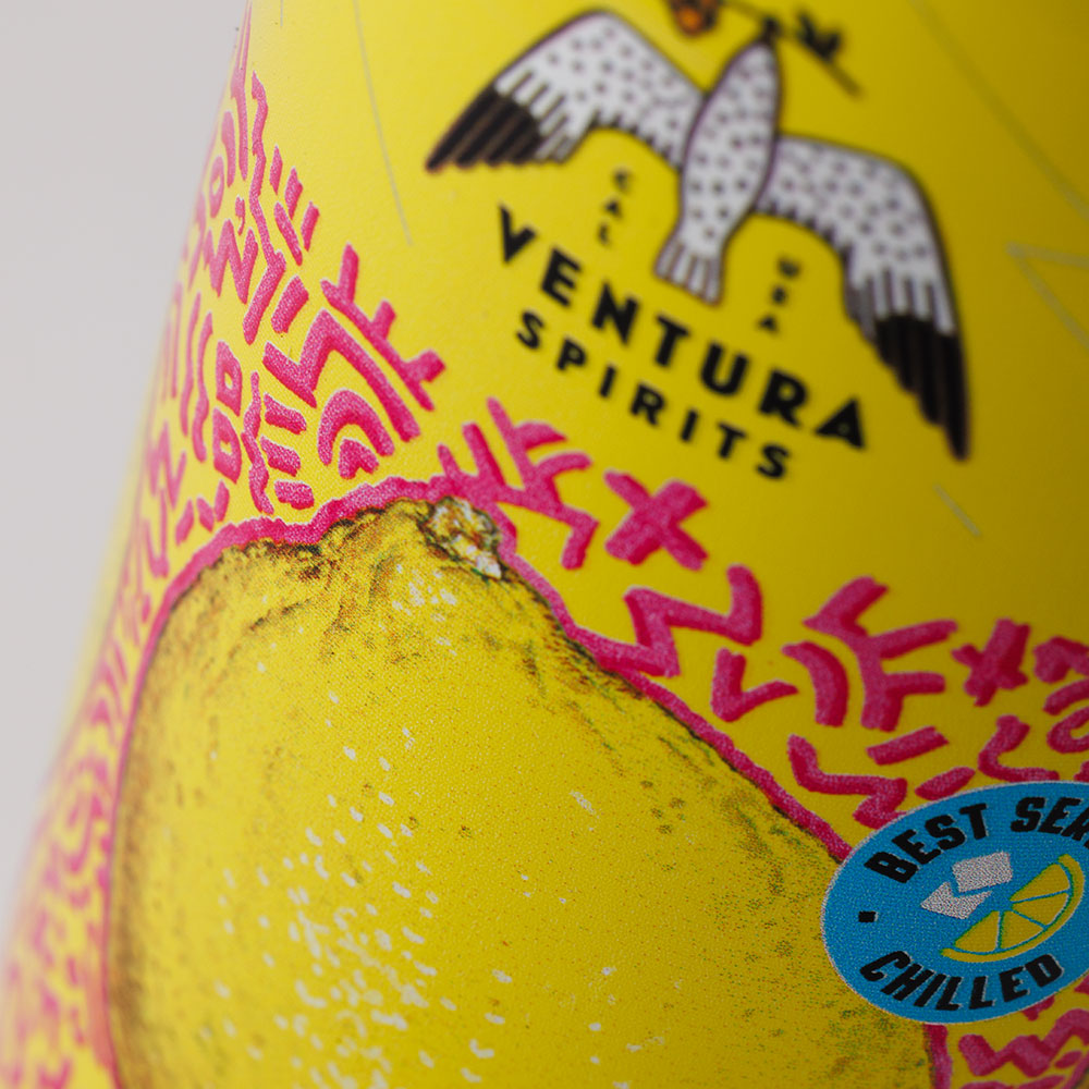 Close-up of the Limoncello Spritz can's logo and chilled badge