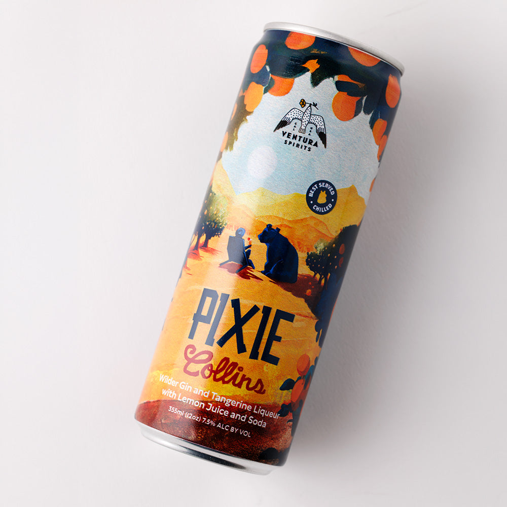 Tilted view of the Pixie Collins can artwork