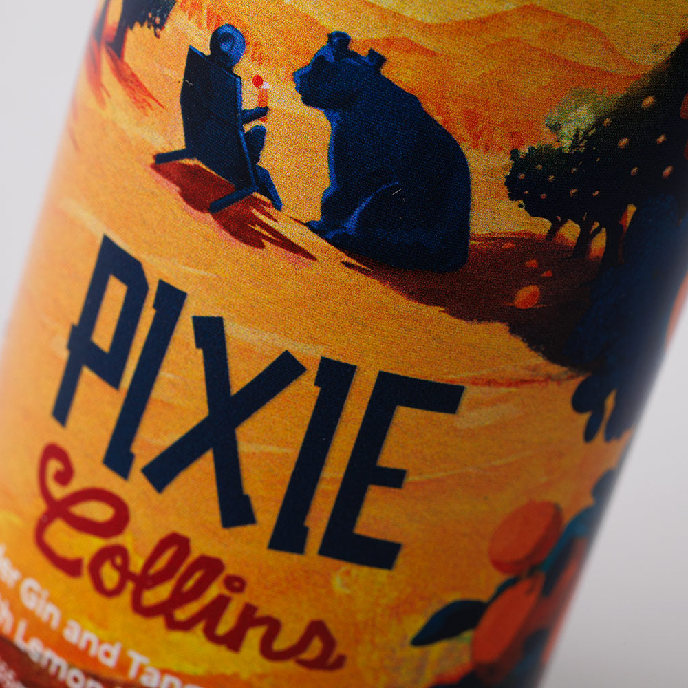 Close-up of the Pixie Collins can's bear and camper illustration