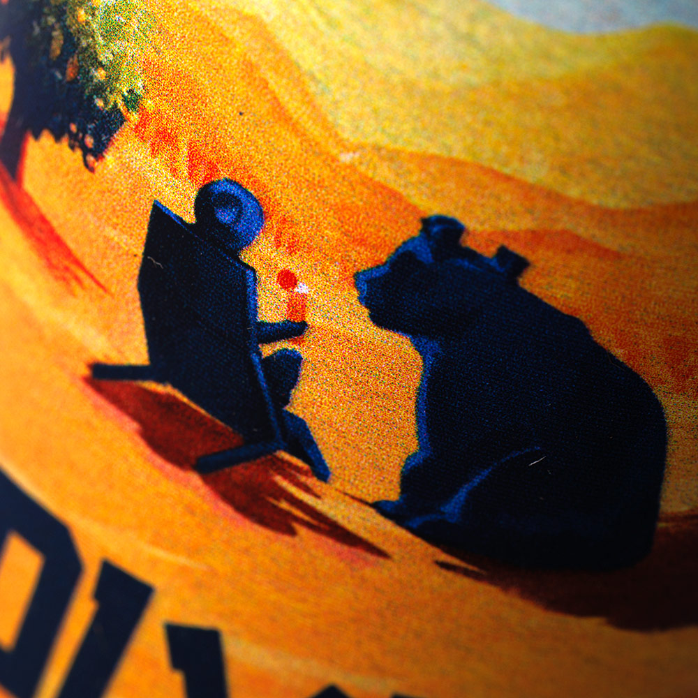 Macro detail of the Pixie Collins can's bear and camper artwork