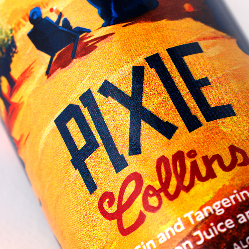Close-up of the Pixie Collins wordmark and can artwork