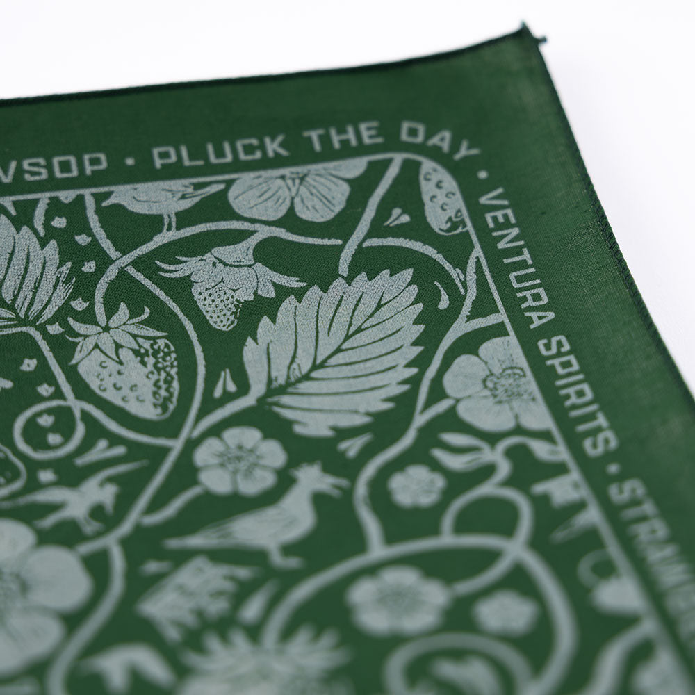 Folded corner of the green Strawberry Thief bandana showing border text